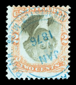 R151a, 2c Orange and black on green, Center Inverted, attractive colors, nicely cancelled by a blue handstamp dated Jan. 1876, tiny facial nick, otherwise
fine.
