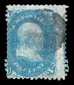 63e, 1c Blue, printed on both sides, Inverted Impression on back, a stunning used example of this immensely rare variety which, according to Don L. Evans in his masterwork The
United States 1c Franklin 1861-1867, is one of only two recorde