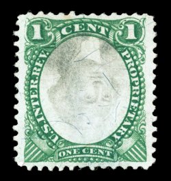 RB1ad, 1c Green and black on violet paper, Center Inverted, unused, exceedingly well centered within wide margins, rich bright color, thinned, extremely fine appearance this is
the finest centered One Cent Proprietary Invert on record as it