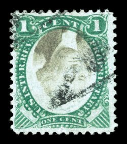 RB1ad, 1c Green and black on violet paper, Center Inverted, the Cunliffe collection contains a fourth copy of this rare invert, lovely bright colors, attractively centered,
light handstamp cancel, small tear at bottom, fine appearance 1984 PF c