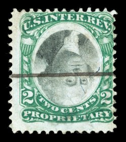 RB2ac, 2c Green and black on violet paper, Center Inverted, deep colors, single line pen-stroke cancel, small stain on reverse just barely shows through at bottom, tiny hint of
a crease, fine appearance.There are only two known examples of the