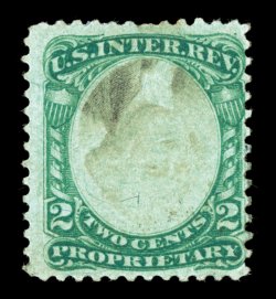 RB2bc, 2c Green and black on violet paper, Center Inverted, mint single with part original gum, rich colors, faint trace of gum soaking at bottom and a slight crease, fine
appearance the Larry Lyons census records just twelve examples of this