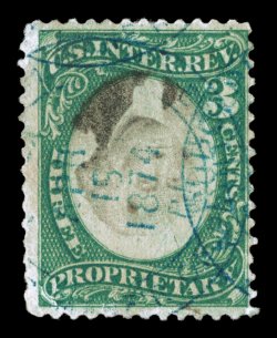 RB3ad, 3c Green and black on violet paper, Center Inverted, deep intense colors and impressions, light blue handstamp cancels, corner crease at bottom left and a couple minor
repairs, fine appearance there are only eight recorded copies o
