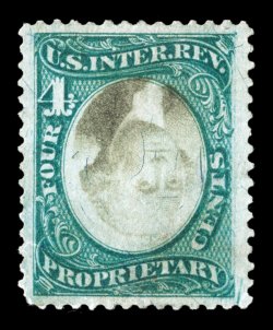 RB4ac, 4c Green and black on violet paper, Center Inverted, incredibly well centered within extravagantly wide margins, sumptuously rich colors and crisp impressions, faint
trace of a cancel, diagonal crease at bottom left ending in a small tear