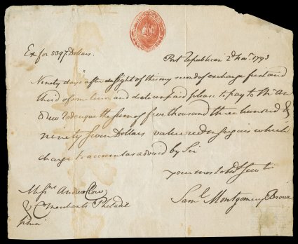 RM291, 5c Red Delaware, clear handstamp on June 19, 1793 single page document, this is in Mr. Cunliffes collection because the Delaware state shield is Inverted, document with
central tear and usual file folds, neither of which affect the s