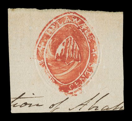 RM291, 5c Red Delaware, similar handstamp on 44x40mm cut square, neatly complete strike, fine and still very scarce ex-Tolman.