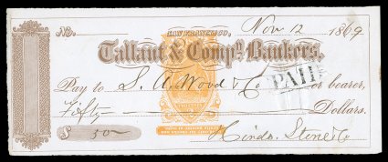 RN-B17a, 2c Orange with restrictive clause at bottom, Tablet Inverted, used on Nov 12, 1869 check of Tallant & Compy. Bankers of San Francisco, cut cancel may barely affect the
stamp, very fine all of the few known examples of this invert are u