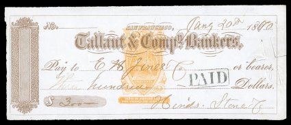 RN-B17a, 2c Orange with restrictive clause at bottom, Tablet Inverted, another example of this very scarce error, this on similar check dated Jan. 20, 1870, cut cancel affects
the stamp, very fine.