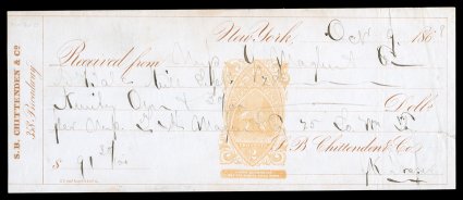 RN-B20c, 2c Orange with restrictive clause at base, Tablet Inverted, used on Oct. 9, 1868 check of S.B. Chittenden & Co., check with a slight trace of toning, which is
inconsequential considering this revenues unique status, very fine this i