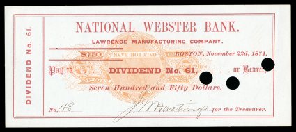 RN-C21a, 2c Orange with restrictive clause in three-part band, Stamp Inverted, used on Nov. 22, 1871 check of the National Webster Bank of Boston, quite fresh, a few punch
holes as usual, very fine and quite scarce.
