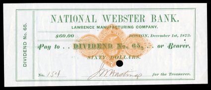 RN-D1c, 2c Orange, Stamp Inverted, used on Dec. 1, 1873 check of the National Webster Bank of Boston, with that companys embossed seal, bright and fresh, light crease and punch
hole affect stamp, very fine appearance.