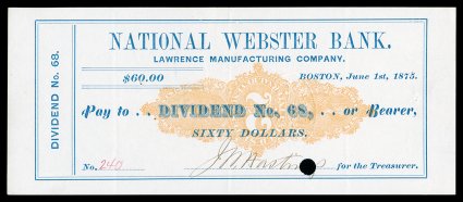 RN-N3b, 2c Orange, Stamp Inverted, used on June 1, 1875 check of the National Webster Bank of Boston, with that companys embossed seal, exceptionally fresh, faint crease
through the stamp, very fine a rare error that is known only on this same
