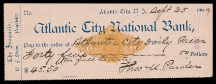 RN-X7g, 2c Orange, Stamp Inverted, used on Sep. 25, 1899 check of the Atlantic City National Bank, strong stamp impression, cut cancel, very fine.