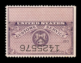 Customs Service violet stamp, Serial Number Inverted, fresh mint single, deep color, o.g., never hinged (gum skip), very fine this single was broken from a block of four, which
are the only known mint examples of this error, one used copy is als