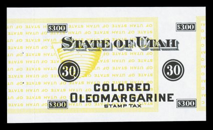 Utah $3.00 Colored Oleomargarine tax stamp, Yellow Background Inverted, fresh mint single with tab at right, the background also shifted to the left, o.g., never hinged, very
fine actually a very elusive state revenue error accompanied by a New