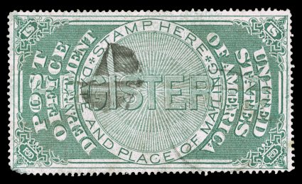 OXF1g, 1872 Green Post Office Registry Seal, Double Impression, One Inverted, the discovery copy of this scarce variety (as discussed in the Philatelic Foundations Opinions 3
handbook), showing a faint but recognizable second inverted impre