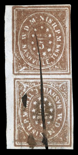 61X5a, Nashville, Tenn., 5c Violet brown on blue ribbed paper, vertical Tete-Beche Pair, margins all around ranging from close to a huge sheet margin on one side, neat
pen-stroke cancel, very fine an extremely rare variety, with no more than