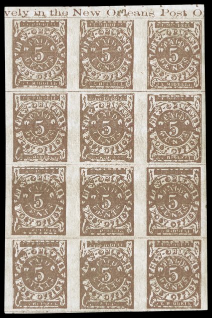 62X5, New Orleans, La., 5c Yellow brown on off-white, top sheet-margin block of twelve, showing the imprint in the top margin, as well as a bit of an Inverted Imprint at top,
large margins all around, fresh color, full original gum, nine