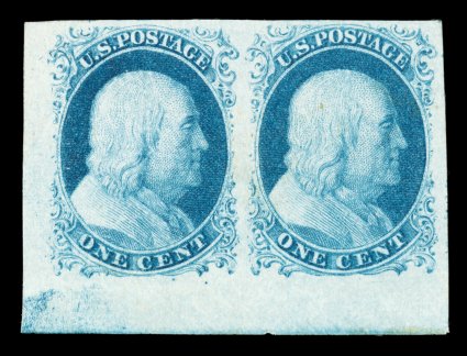 7, 1c Blue, Ty. II, triple transfer, one Inverted, positions 91-92L1E, a magnificent quality bottom left corner sheet-margin horizontal pair, with position 91 displaying the rare
triple transfer, one Inverted variety, marvelously fresh, bright r