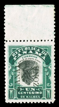 22g, 1c Green and black, Center and Canal Zone Inverted, handsome mint top sheet-margin single, deep intense colors and prooflike impressions, well centered, slightly
tropicalized o.g. as usual, very fine and choice from the original sheet of