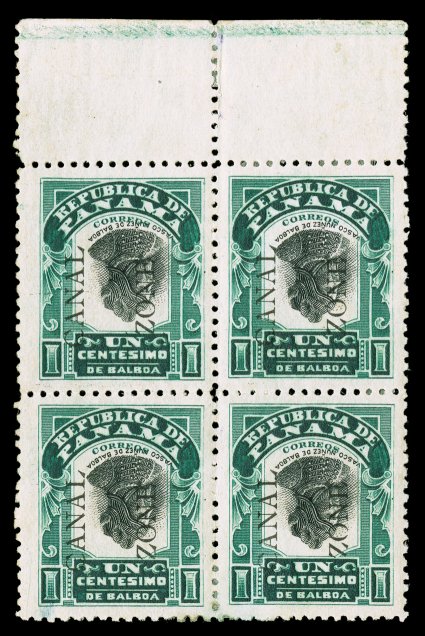 22g, 1c Green and black, Center and Canal Zone Inverted, a marvelously attractive top sheet-margin mint block of four, exceptionally well centered within wide margins, deep
luxuriant color, usual tropicalized o.g., bottom left stamp with a tin
