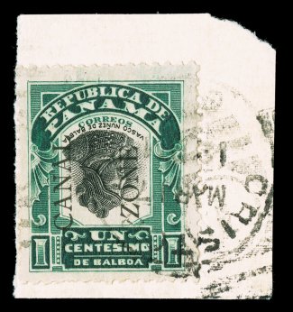 22g, 1c Green and black, Center and Canal Zone Inverted, used example tied to piece by Cristobal c.d.s. dated Mar 17, 1909, well centered, rich colors, slightly shorter perf.
at bottom, very fine although this error catalogs the same mint and