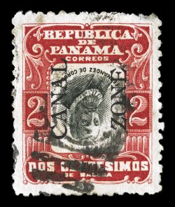 23g, 2c Carmine red and black, Center Inverted, well centered, vibrant colors, fairly light duplex cancel, a couple scuffed perfs. at top right, very fine appearance one of the
key error rarities of Canal Zone, with only nine copies recorded,