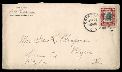 23g, 2c Carmine red and black, Center Inverted, beautifully centered single with vivid color tied to cover to Elyria, Ohio by Cristobal, C.Z.Apr 20 1908 duplex handstamped
postmark, Elyria receiver dated May 4, cover with some light edge soi