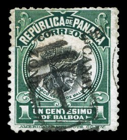 31a, 1c Dark green and black, Canal Zone and Center Inverted, strong rich color, 1913 duplex cancel, slightly blunted or scissor cut perforations at top, fine.Although issued
in 1911, this error escaped the notice of philatelists until this