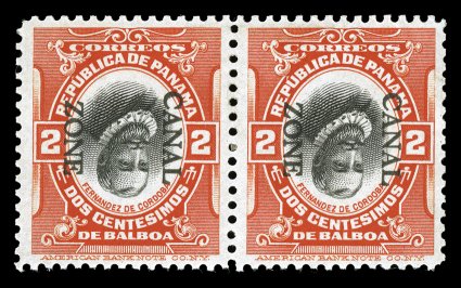 39e, 2c Vermilion and black, Canal Zone and Center Inverted, scarce horizontal pair, deeply rich colors, well centered, o.g., lightly hinged, very fine.