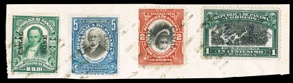 39e, 2c Vermilion and black, Canal Zone and Center Inverted, seldom seen used example, tied to piece with three other stamps, this single came from a booklet pane and has usual
scissor separated perfs. at left and a few other perf. faults, fin