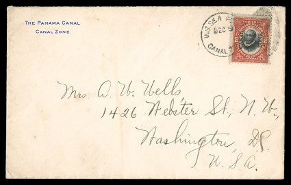 39e, 2c Vermilion and black, Canal Zone and Center Inverted, single with deep colors tied to cover to Washington, D.C. by U.S. Sea PoCanal ZoneDec 9 duplex, cover has some very
minor soiling from usage, fine this is the first example of
