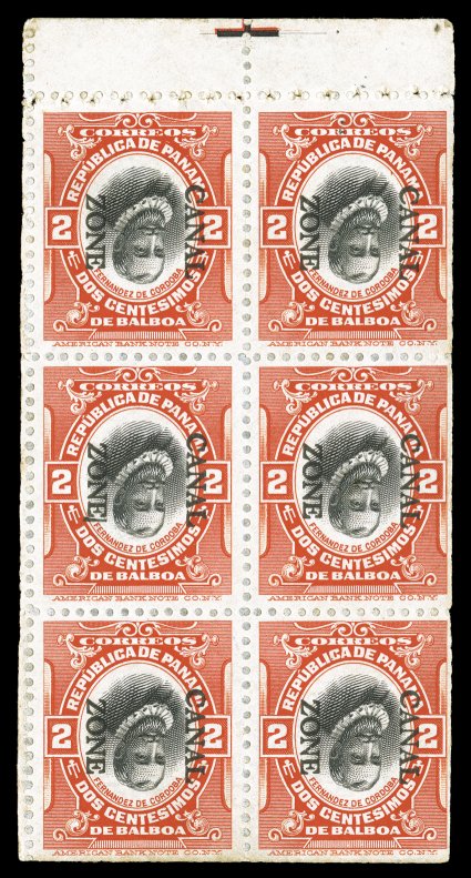 39f, 2c Vermilion and black, booklet pane of six, perforated margins, Canal Zone and Center Inverted, with bi-colored T registration marker in the top selvage tab, an
incredibly rare and striking booklet pane error of which only a handful ha