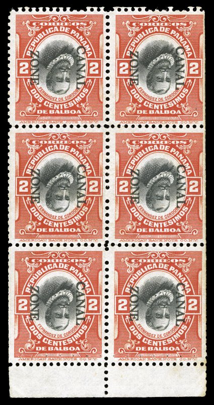 39f, 2c Vermilion and black, booklet pane of six, perforated margins, Canal Zone and Center Inverted, the Cunliffe collection contains a second example of this exceedingly rare
booklet pane, this one possesses the tab at bottom, rich color, st