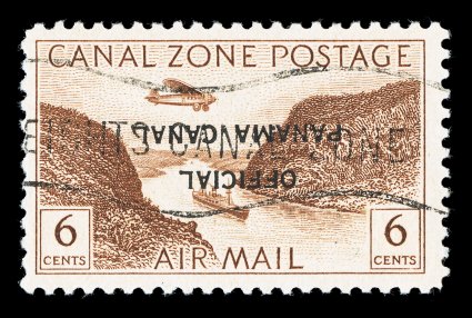 CO14a, 6c Yellow brown air post official, Overprint Inverted, excellent centering, fresh color, light wavy line cancel, still retaining full original gum, very fine and choice
only one sheet of fifty stamps was printed, all with this c.t.o. c