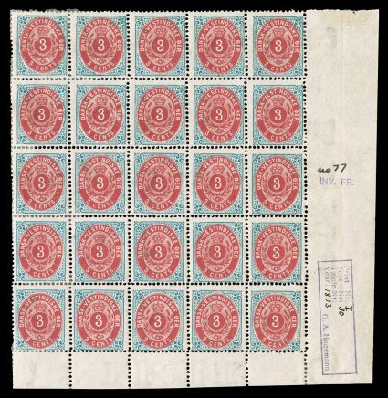6a var., 3c Light blue and rose carmine, first printing, Frame Inverted, a single inverted frame contained in a bottom right margin block of 25, the invert being position 77 in
the sheet of 100, full clean o.g., most stamps never hinged includin