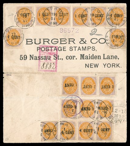 14, 14c, 1 CENT surcharge on 7c Lilac and orange, Normal and Inverted Frames, a remarkable eighteen examples, four of which have the inverted frame, and including three strips
of three, all tied by St. Thomas19111890 c.d.s. postmarks on r