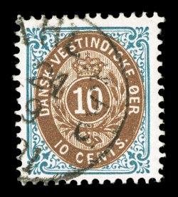 20a, 10c Blue and brown, Frame Inverted, a lovely used example of this very scarce variety, with brilliantly rich colors on pristine white paper, well centered, neat c.d.s.
cancel, very fine a particularly difficult stamp in this impressive qua