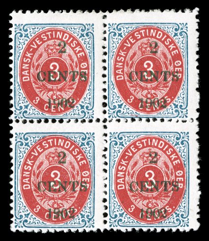 24d, 24e, 2 CENTS 1902 Surcharge in green on 3c Blue and lake, Frame Inverted, an incredibly rare mint block of four, the bottom left stamp displays the 2 with straight tail
variety which is listed in Scott as 24e but not priced, wonder