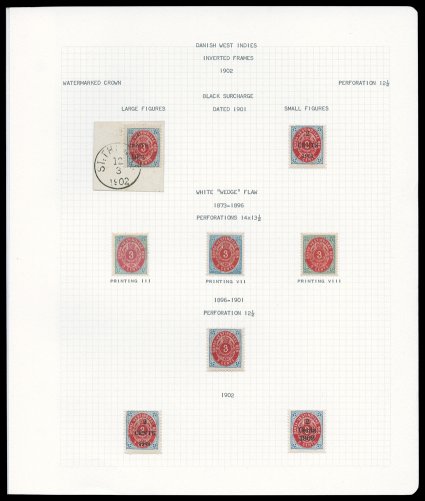 Balance of the Danish West Indies Inverted Frame varieties, comprising nearly 100 items ranging from single stamps to a sheet of 100, some are mounted on album pages, while
others are still on the original auction or retail pages, includes the 18