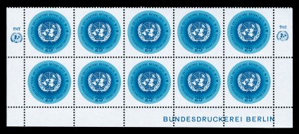 149, 1965 25c UN Emblem, bottom margin block of ten with Bundesdruckerei Berlin imprint in bottom margins and Inverted marginal inscriptions at both right and left, quite
fresh, o.g., never hinged, very fine.
