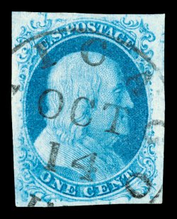 7, 1c Blue, Ty. II, triple transfer, one Inverted, position 91L1E, gem used example of this key and distinctive plate variety, four large and wonderfully well balanced margins,
gorgeous bright color and impression on fresh paper, perfect central