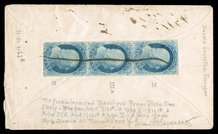 7, 8A, 7, 1c Blue, Types IIIIIaII, vertical se-tenant strip of three, double and triple transfers, one Inverted, positions 718191L1E, a most remarkable franking of a handsome
vertical strip of three, with all stamps showing Inverted transf