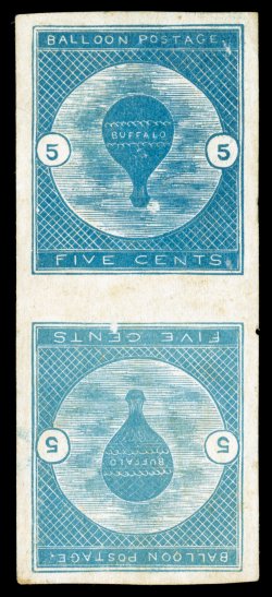 CL1a, 5c Deep blue Buffalo Balloon, tete-beche pair, an extremely rare unused example of this pair, without gum as is often the case with these stamps, extraordinarily well
margined, with huge balanced margins all around, there are just a coup