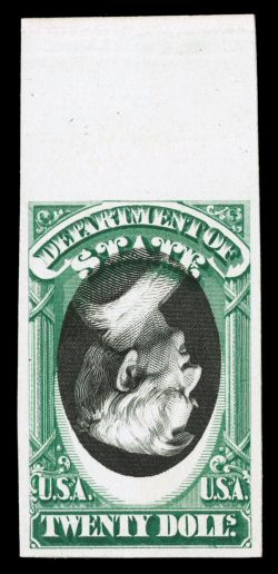 O68aP4, O69aP4, O71aP4, 1873 $2.00, $5.00 and $20.00 Department of State, Centers Inverted, plate proofs on card, a superbly matching set of top sheet-margin examples of the
three values that exist with inverted centers, each possessing outstand