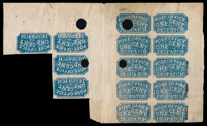 1LB3b, Baltimore, Md. 1c Blue, Tete-Beche Pair, gutter block of fourteen, with three tete-beche pairs, the right block contains the complete setting of ten types, the left block
Types 5, 7, 9-10, papermakers embossed seal, original gum, four pu
