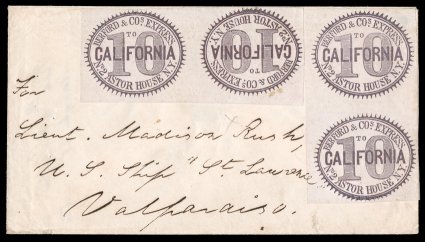 11L3a, Berford & Co.s Express, New York, N.Y., 10c Violet, horizontal Tete-Beche Pair, used with 10c Violet (11L3) vertical pair on cover addressed For Lieut. Madison Rush, U.S.
Ship St. Lawrence Valparaiso, the address tying the vertical