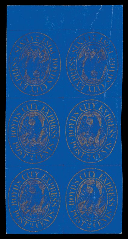 20L21a, Boyds City Express, New York, N.Y., 2c Gold on dark blue, Tete-Beche Pair, block of six (2x3) containing two tete-beche pairs within the top block of four, large to
extra-large margins all around, strong paper color, vertical crease thr