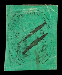 40L4a, City Despatch Post, New York, N.Y., 2c Black on green glazed, C at right Inverted, four large margins, ms. cancel, light creasing cracks the surface paper in a few
places, very fine appearance a very elusive variety that occurred only