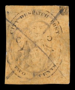 40L8a, City Despatch Post, New York, N.Y., 2c Black on yellowish buff, C at right Inverted, three large margins, ms. X cancel, faults including a small hole at top left, fine
appearance the basic stamp (40L8) itself it quite rare, and with